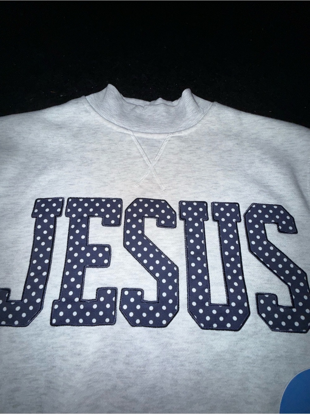 NEW BLUE RIOT XO VIRAL TIKTOK Gray MOCK NECK SWEATSHIRT Navy Polka Dot JESUS XS - Picture 4 of 10